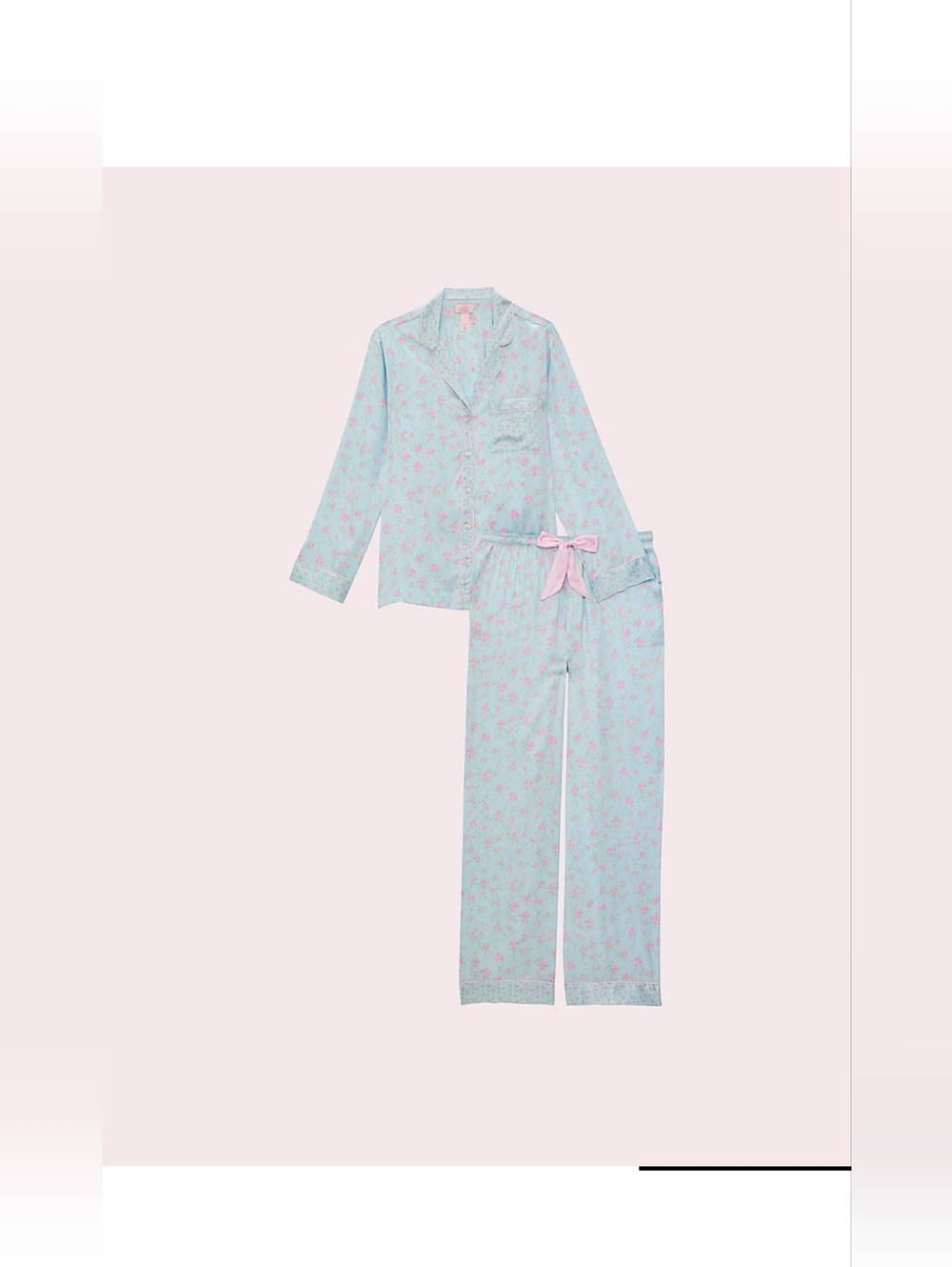 The PINK x LoveShackFancy Satin Long Pajama Set is a soft, satiny sleepwear set